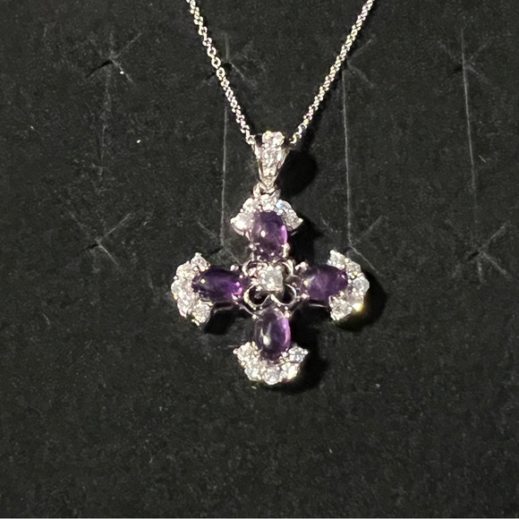 Espo sterling silver 925 amethyst & cz cross pendant necklace - Picture 2 of 3